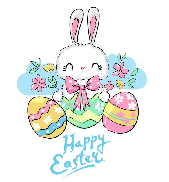 Hand drawn cute rabbit for easter with eggs and flowers Vector illustration