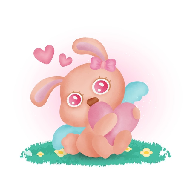 Hand drawn Cute rabbit holding a heart.