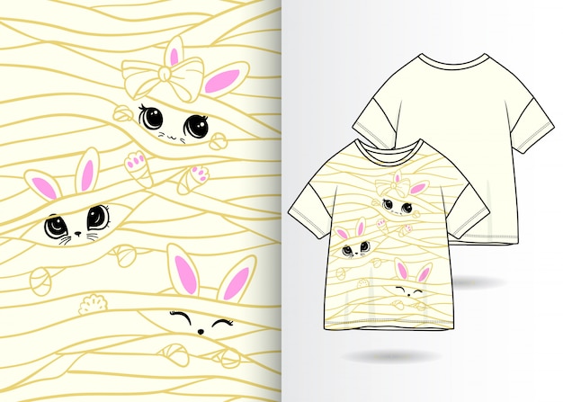 Hand drawn cute rabbit illustration with t shirt design