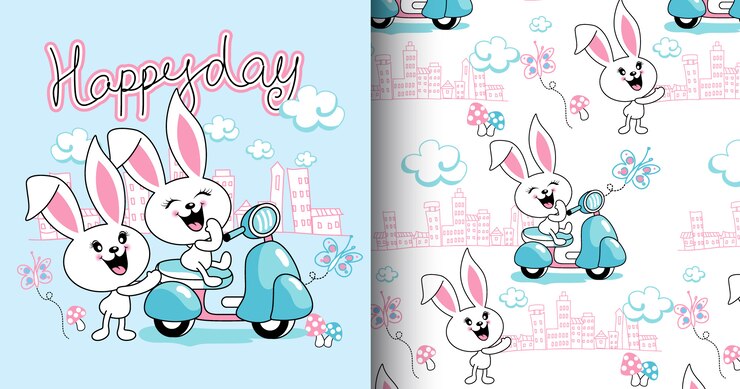 Hand drawn cute rabbit pattern set