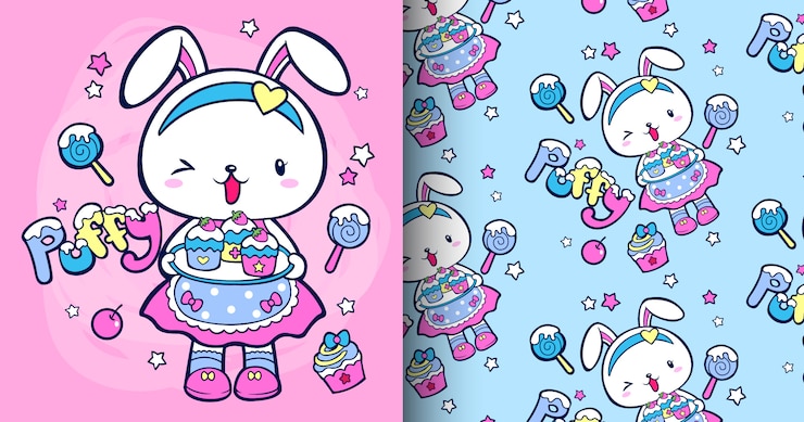 Hand drawn cute rabbit pattern set
