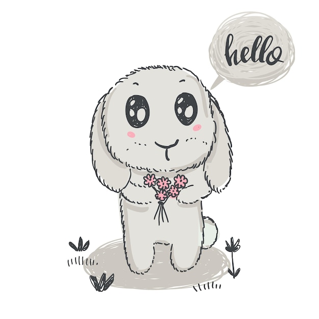 Coniglio carino disegnato a mano con fiori e parola ciao
