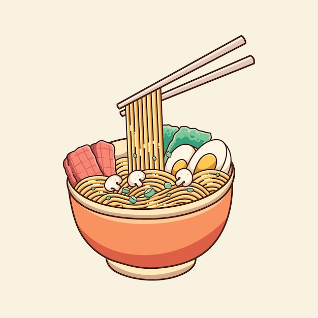 Vettore di progettazione dell'illustrazione della tagliatella di ramen sveglio disegnato a mano