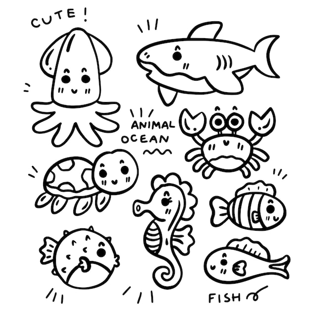 hand drawn cute sea animals for templates