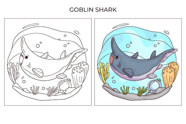 Hand drawn cute sea creature for coloring page Goblin shark