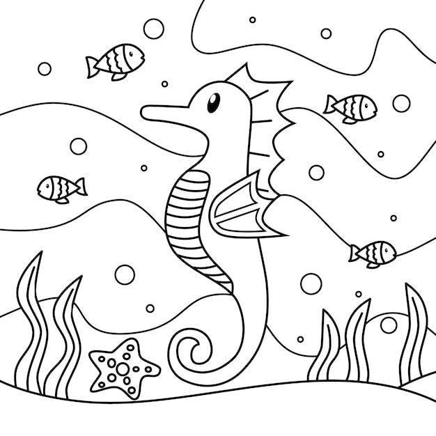 Ручно нарисованный милый морской конь для детей иллюстрация к книге для окрашивания