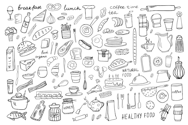 Hand drawn cute set of healthy food ingredients in doodle style with lettering in vector Fast food