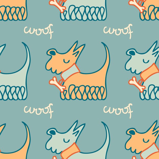 Vector hand drawn cute shaggy dogs in collars with bones and text woof seamless pattern