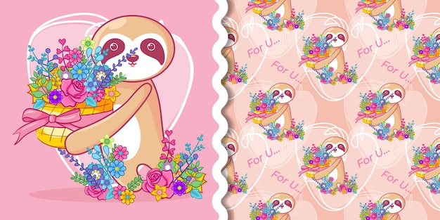 Hand drawn cute sloth and flowers with pattern set