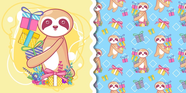 Hand drawn cute sloth with gift with pattern set