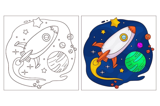 Hand drawn cute space coloring page 9