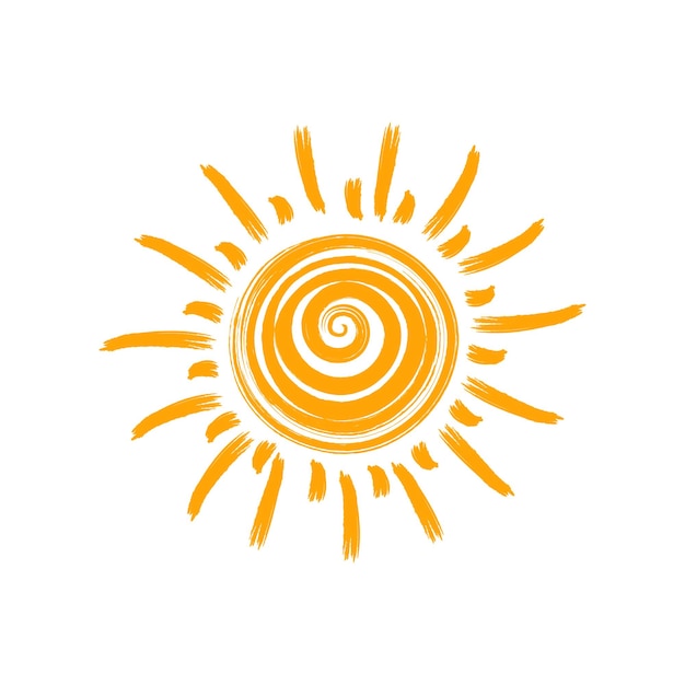 Hand drawn cute sun in doodle style Grunge brush sun icon isolated on white background Vector