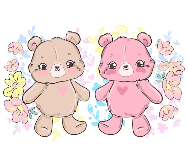 Hand drawn Cute Teddy Bear and flowers Kids print vector illustration