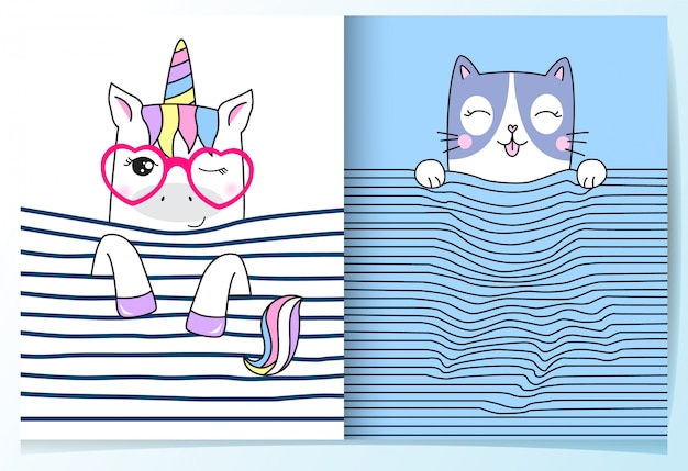 Hand drawn cute unicorn & cat set