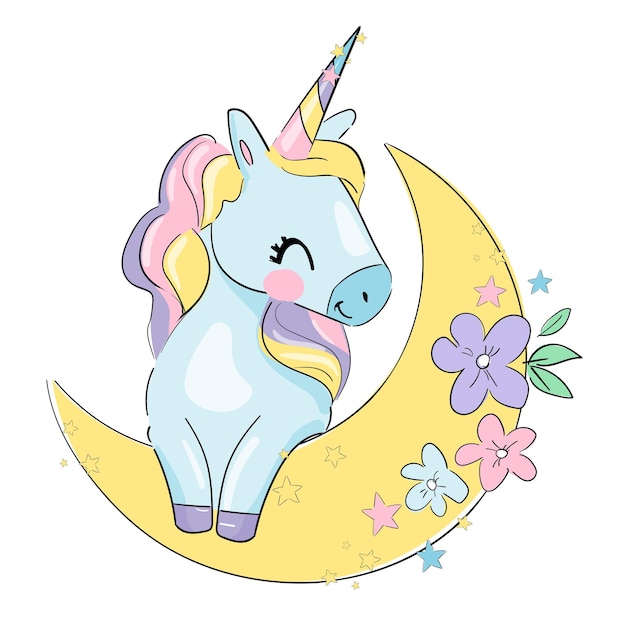 Unicorno carino disegnato a mano e fiori magici illustrazione vettoriale. immagine di stampa di tendenza per bambini