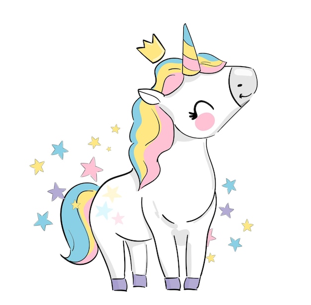 Vector hand drawn cute unicorn and flowers magic vector illustration. childrens trend print picture