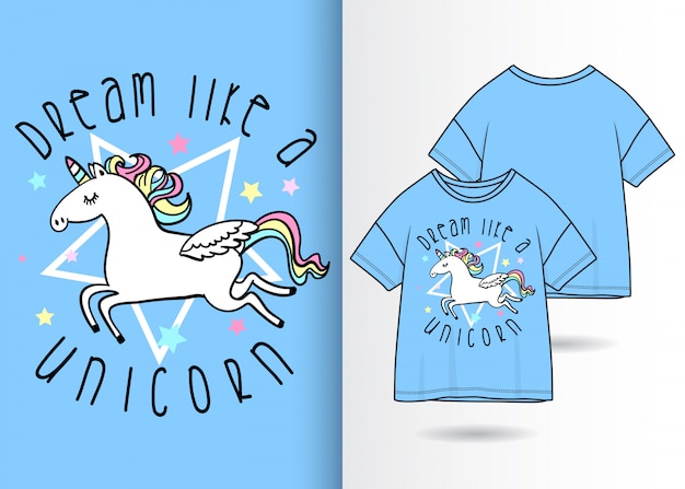 Vettore illustrazione di unicorno carino disegnato a mano con design t-shirt