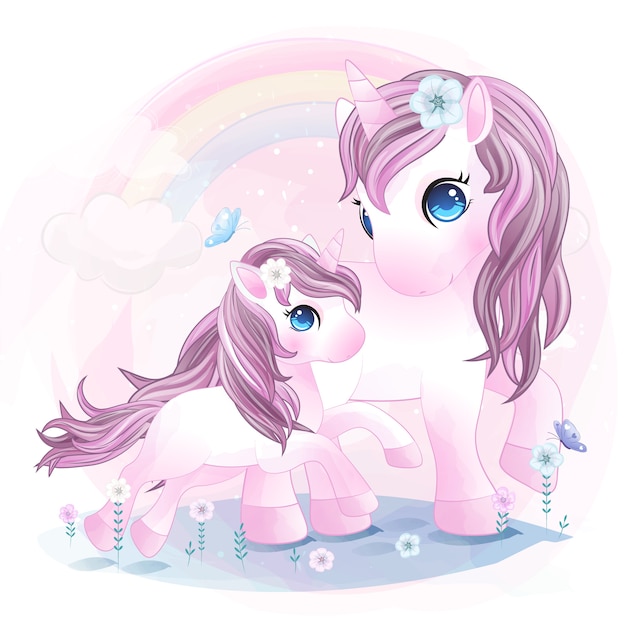 Vector hand drawn cute unicorn mother and daughter