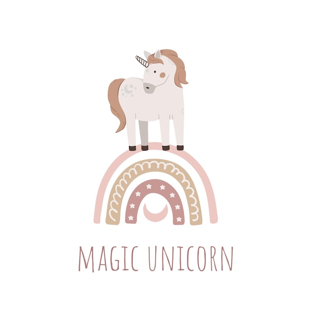 Hand drawn cute unicorn on rainbow on white background Magic horn vector illustration