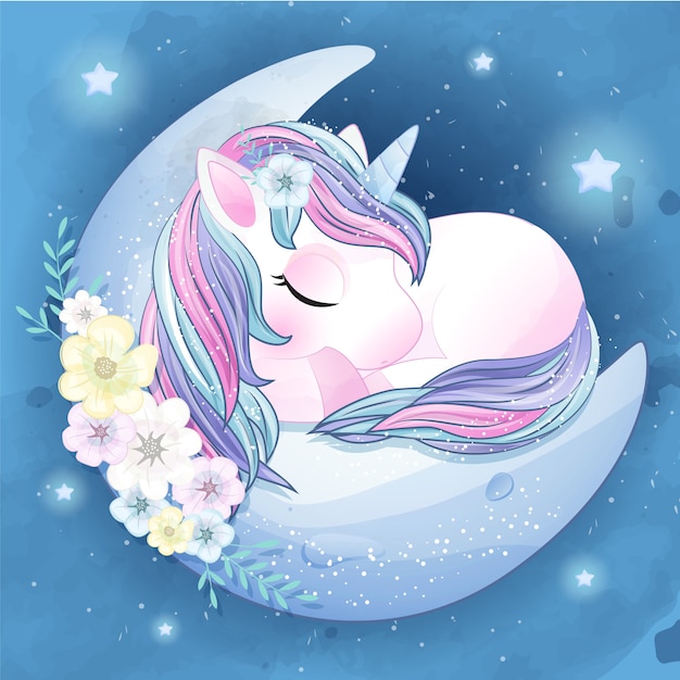 Vector hand drawn cute unicorn sleeping in the moon