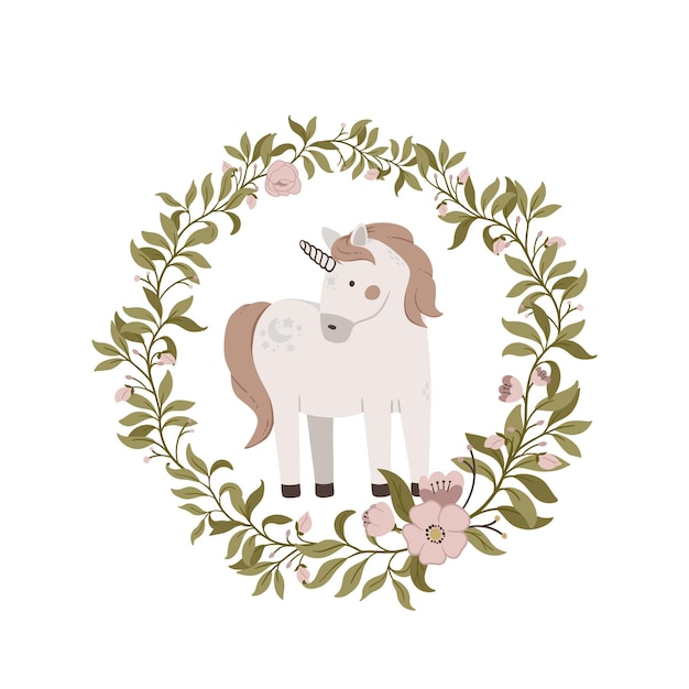 Hand drawn cute unicorn with flowers frame on white background Magic horn vector illustration