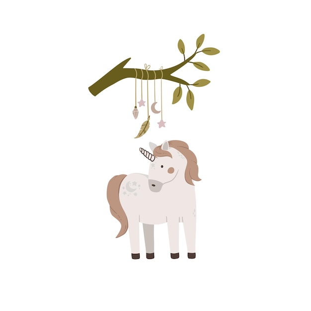 Hand drawn cute unicorn with leaves on white background Magic horse vector illustration