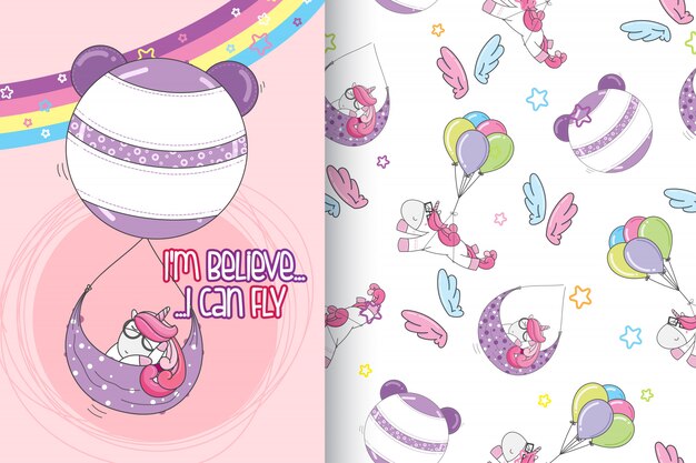 Hand drawn cute unicorn with pattern vector set-vector