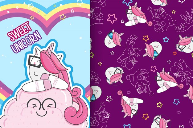 手の描かれたかわいいユニコーンパターンベクトルセットベクトル