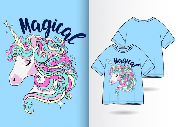 Hand drawn cute unicorn with tshirt 