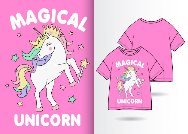 Vector hand drawn cute unicorn with tshirt