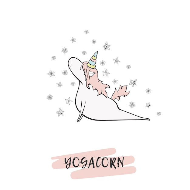 Unicorno carino disegnato a mano in posa yoga