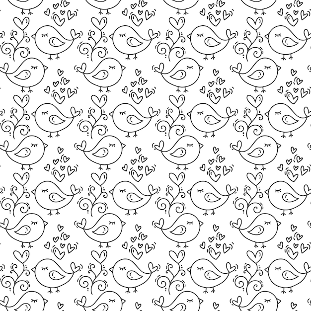 Hand drawn cute valentines day heart flourish and bird pattern.