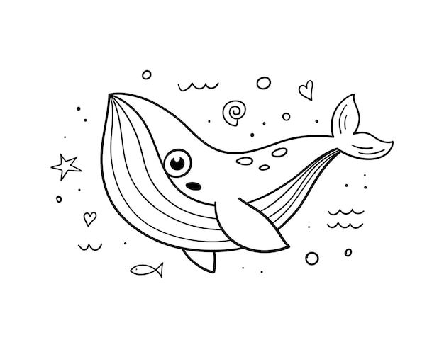 손으로 그린 귀여운 고래 낙서 스케치 스타일 간단한 재미있는 해양 동물 선형 벡터 일러스트 레이션