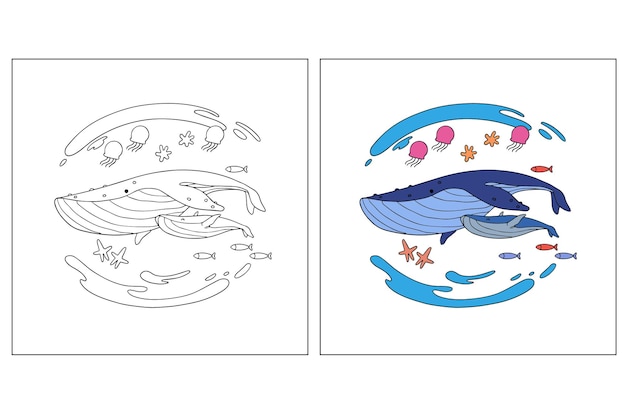 Hand drawn cute Whale mom and kid for coloring page