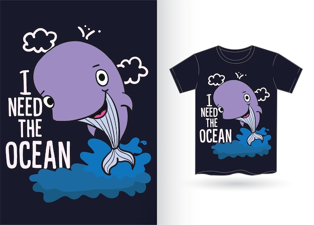 Tシャツの手描きのかわいいクジラ