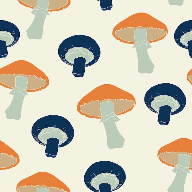 Hand drawn cute wild mushrooms. Seamless pattern with naive stylised groovy mushroom. Vector