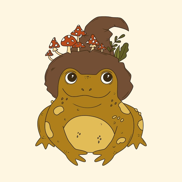 Hand drawn cute wizard toad wearing magic hat with mushrooms Cartoon fairy frog Magic character