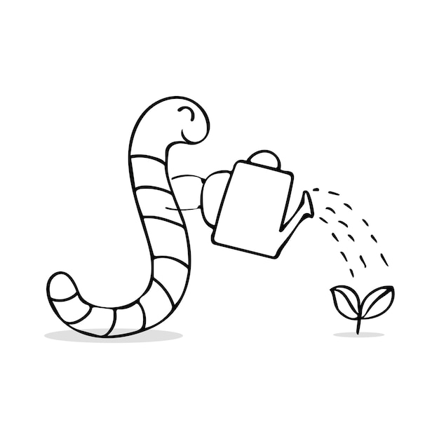 hand drawn cute worm watering and farming cartoon animal nature concept Cartoon Mascot Character