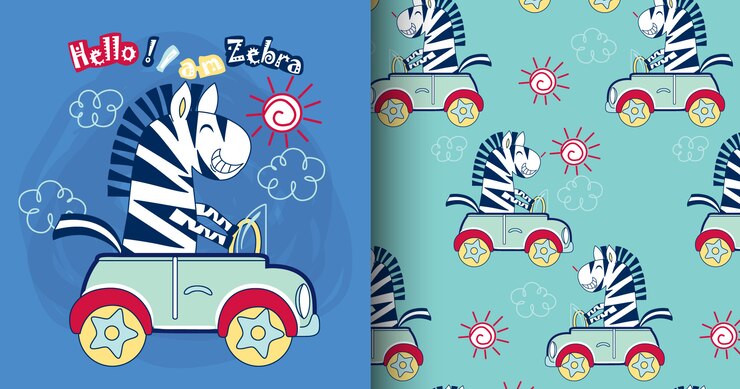 Hand drawn cute zebra pattern and card