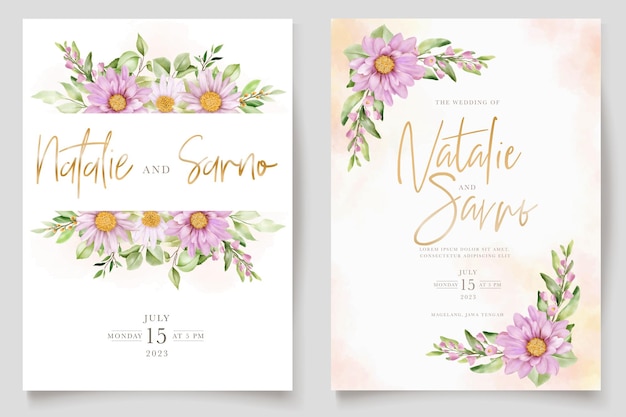 hand drawn daisy watercolor floral and leaves invitation card set