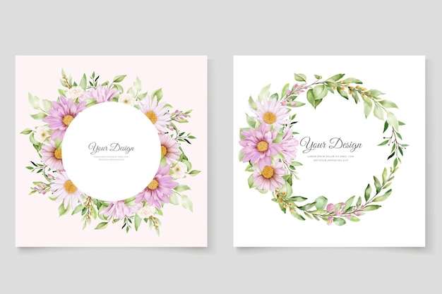 Hand drawn daisy watercolor floral and leaves invitation card set