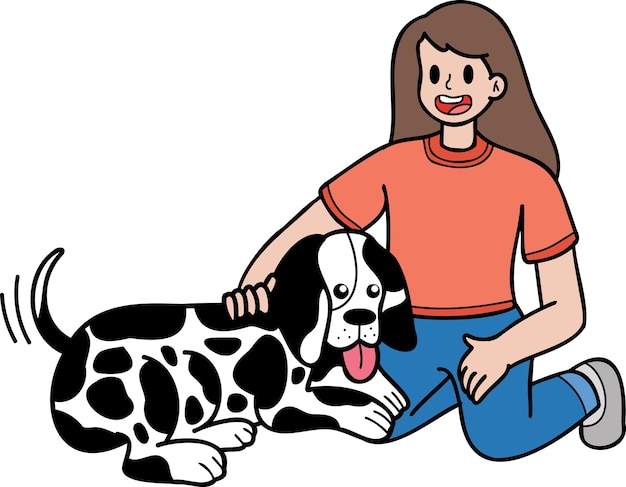 Далматинская собака, нарисованная вручную, обнимается владельцем иллюстрации в стиле каракулей