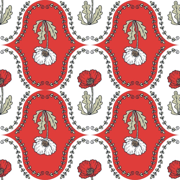 Vector hand drawn damask style poppy flowers seamless pattern perfect print for tee paper textile and fabric doodle vector illustration