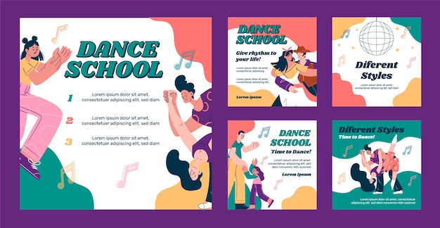 Vector hand drawn dance school instagram posts set