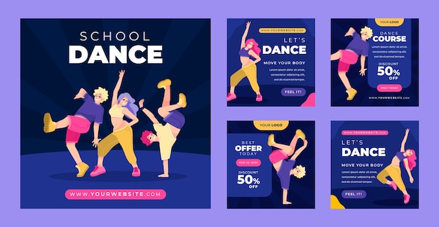 Vector hand drawn dance school instagram posts template