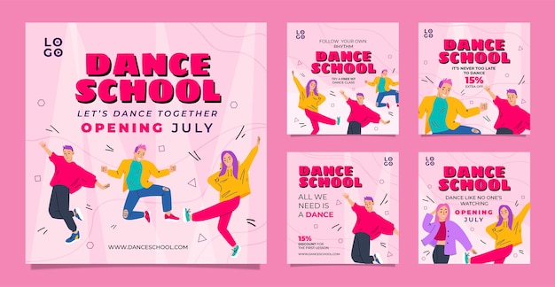 Vector hand drawn dance school instagram posts