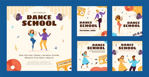 Vector hand drawn dance school instagram posts