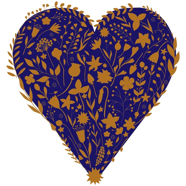 Hand drawn dark blue and gold heart of flower elements isolated on white background
