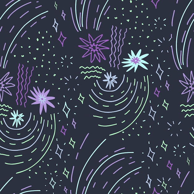 Vector hand drawn dark blue pattern with violet, green stars, abstract seamless doodle. cute vector