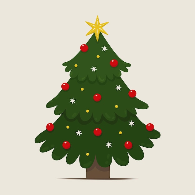 Нарисованная вручную украшенная рождественская елка в плоском дизайне